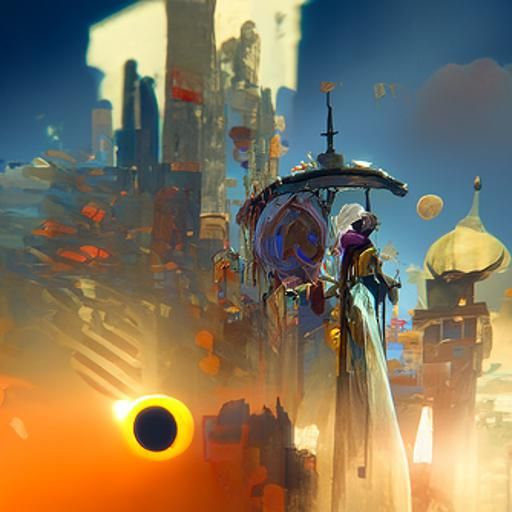 Lunar Cityscape with Giant Sun, Dark Fantasy Concept Art