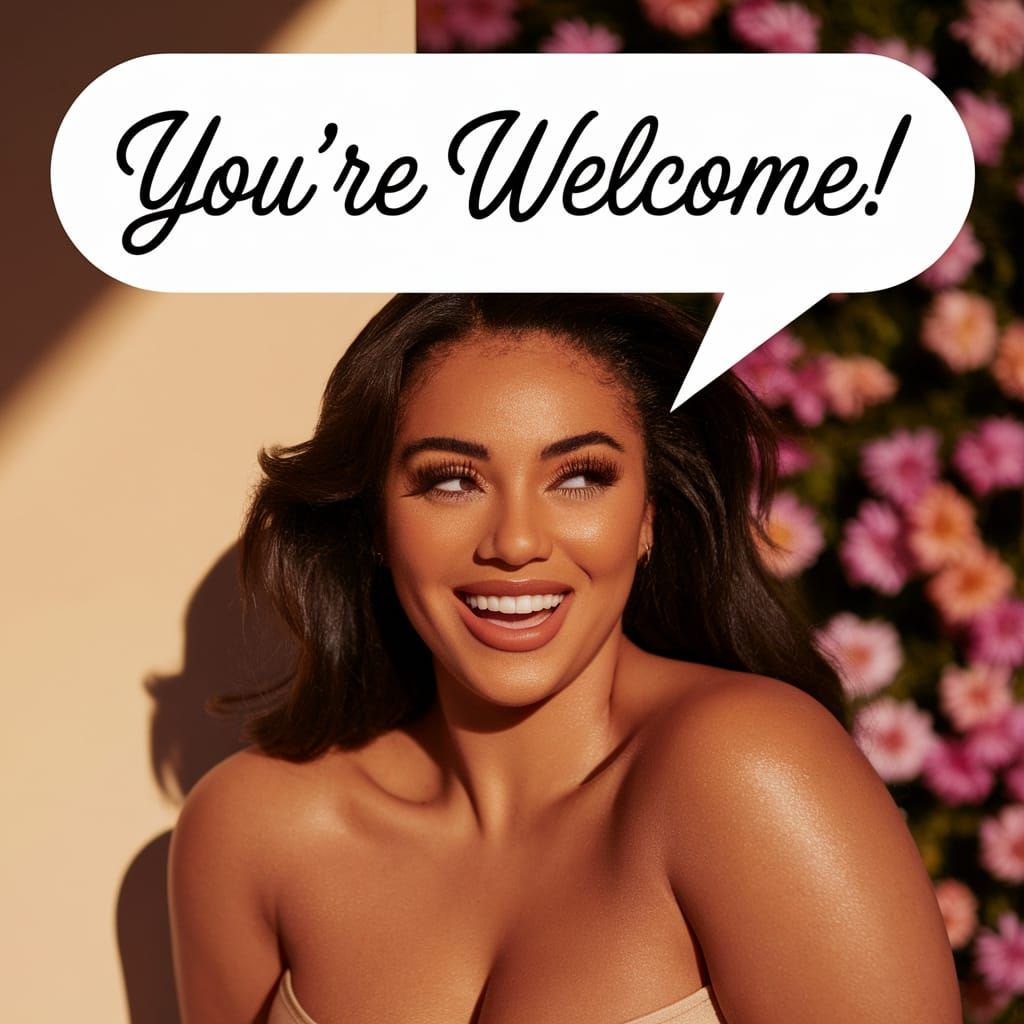 Radiant Woman in Elegant Script: You're Welcome