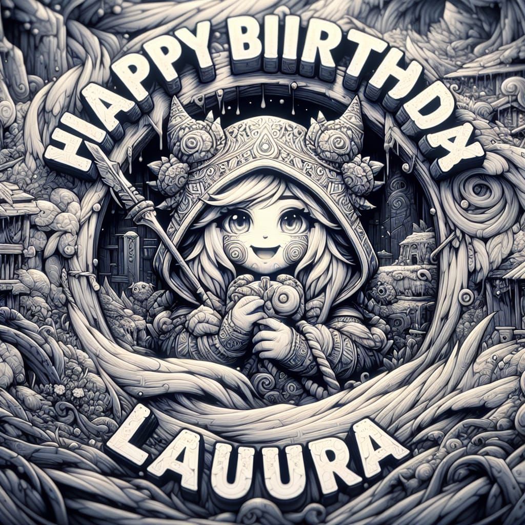 A Funny FeMale character, text saying "HAPPY BIRTHDAY LAURA"...