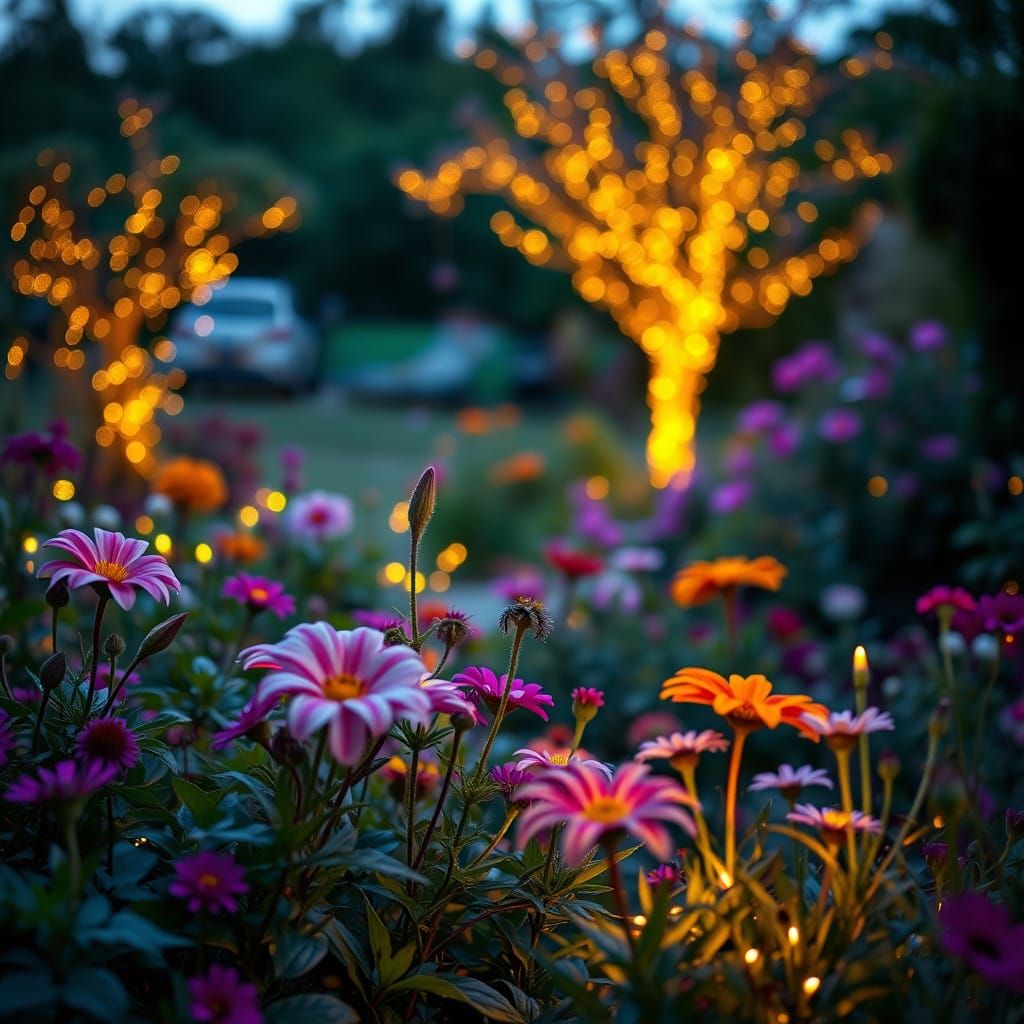 Whimsical English Garden at Dusk