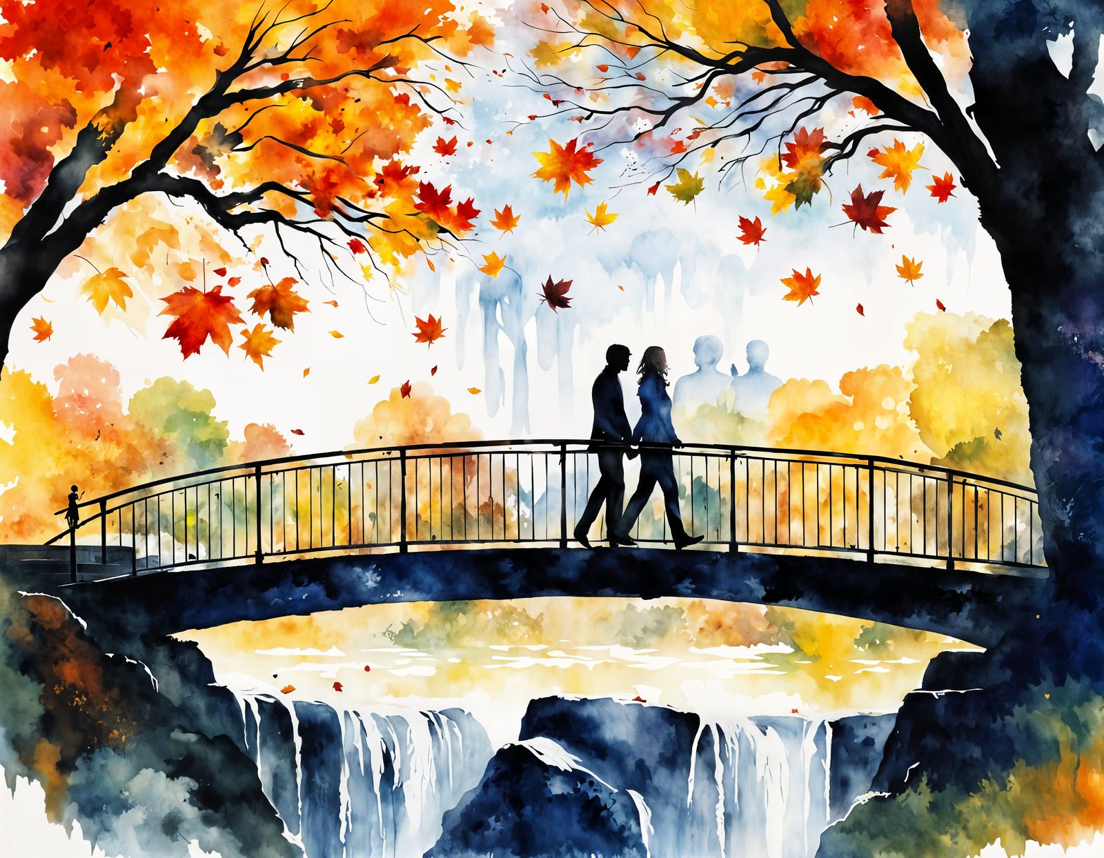 Lovers on Autumn Bridge Over Waterfall Watercolor