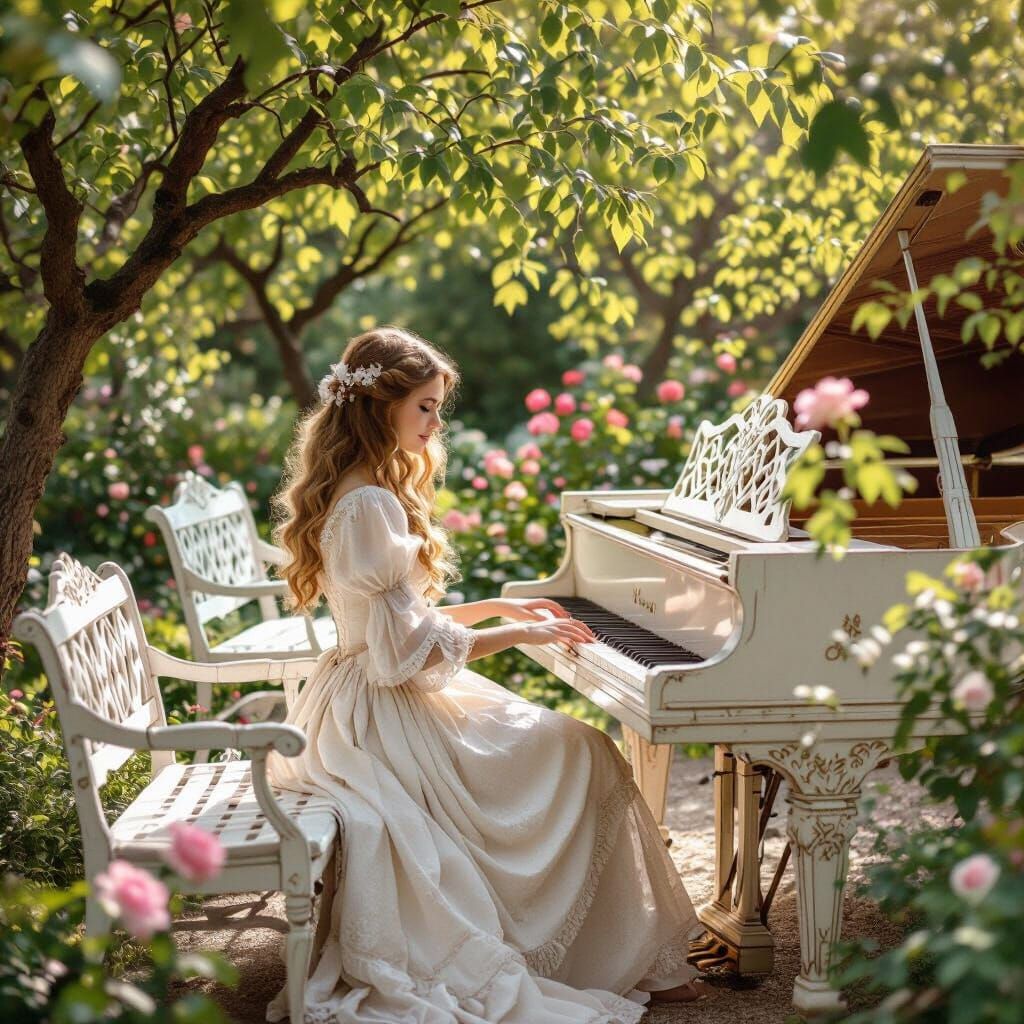 Spring Garden Piano Scene in Classic Oil Painting Style