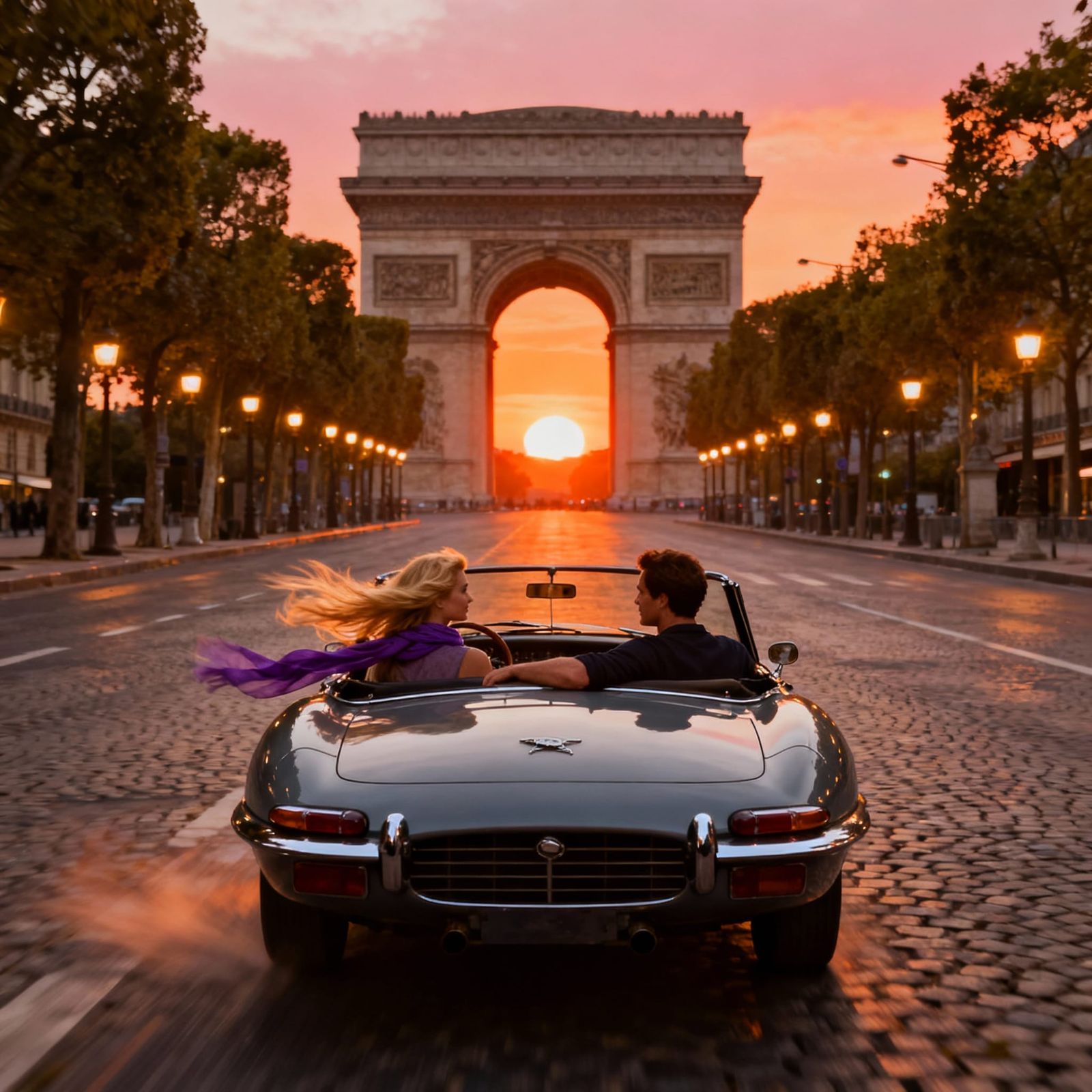 Classic Jaguar Drives Champs-Élysées at Sunset