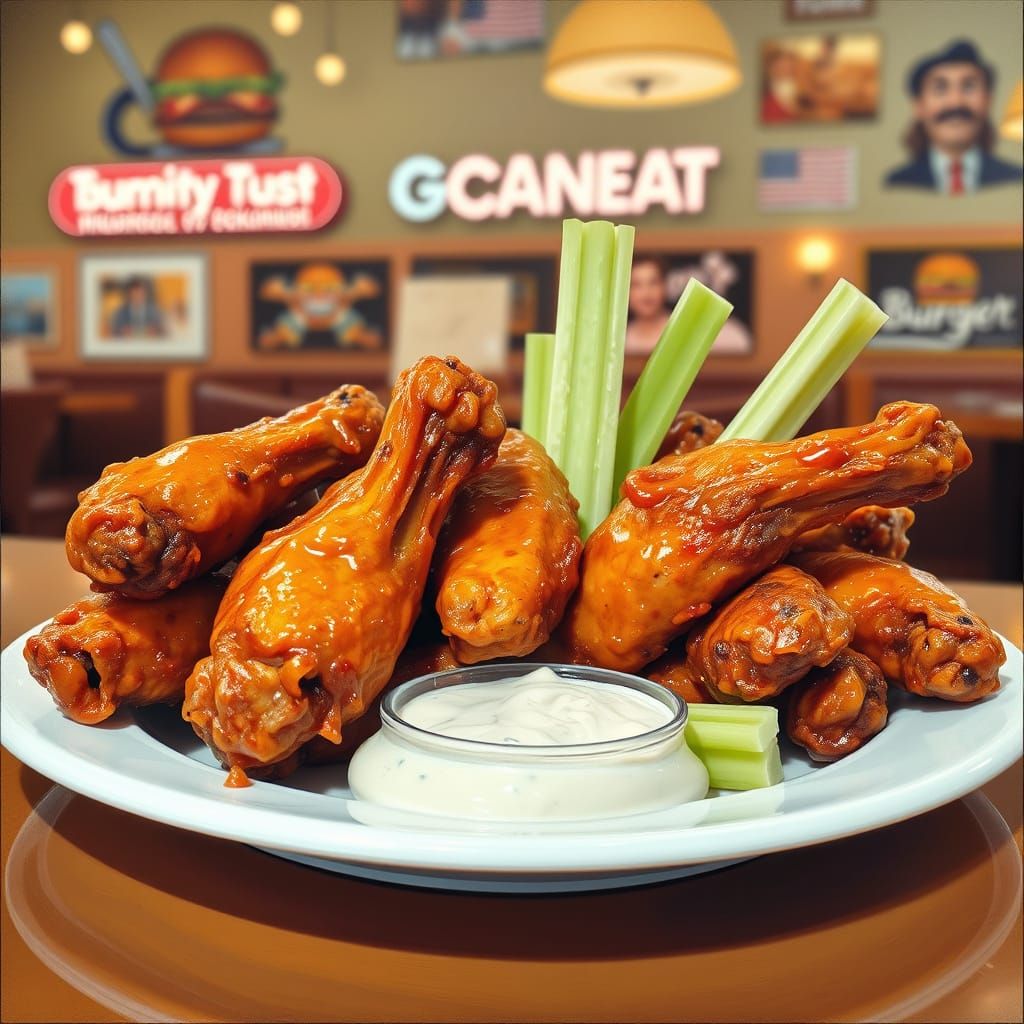 Juicy Chicken Wings with Blue Cheese in Cozy Burger Joint