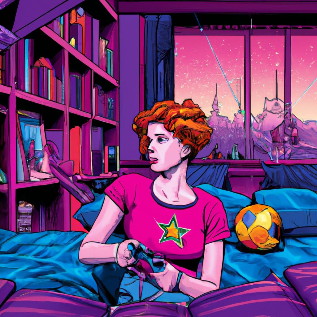 Redhead Girl Playing Video Games in Retrowave Style