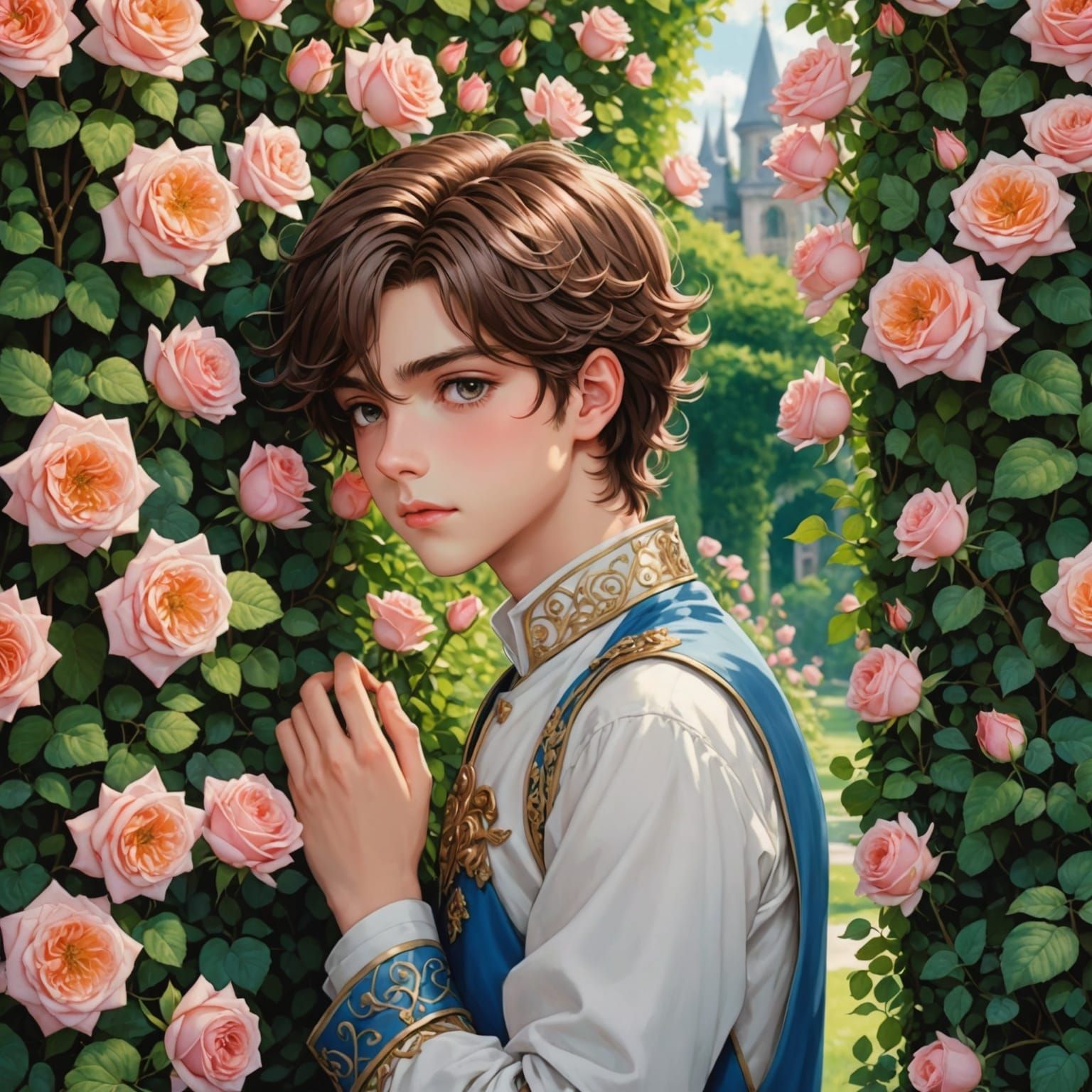 Anime Boy Prince Hiding in Rose Garden