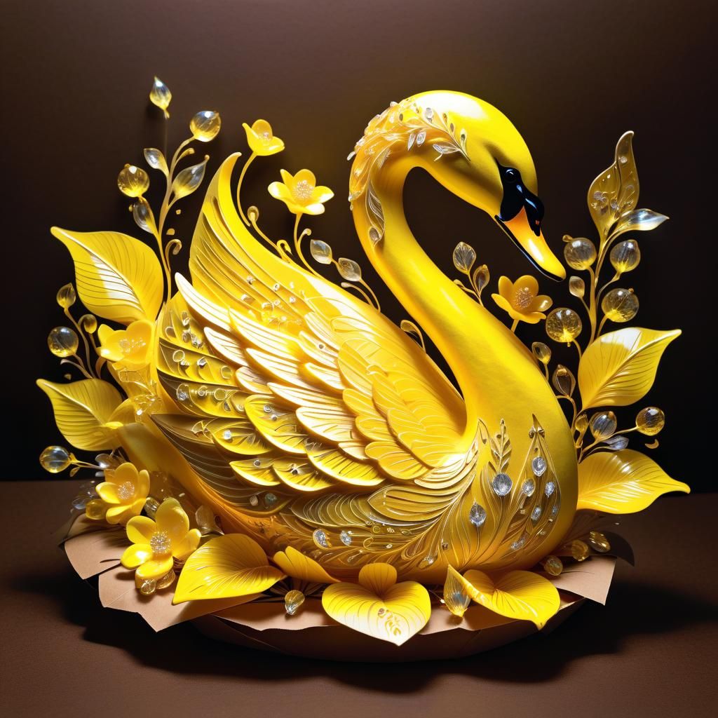 Yellow Swan Figurine with Flowers and Crystals