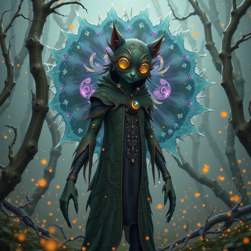 Scarecrow with Bioluminescent Cat Painting in Surreal Style