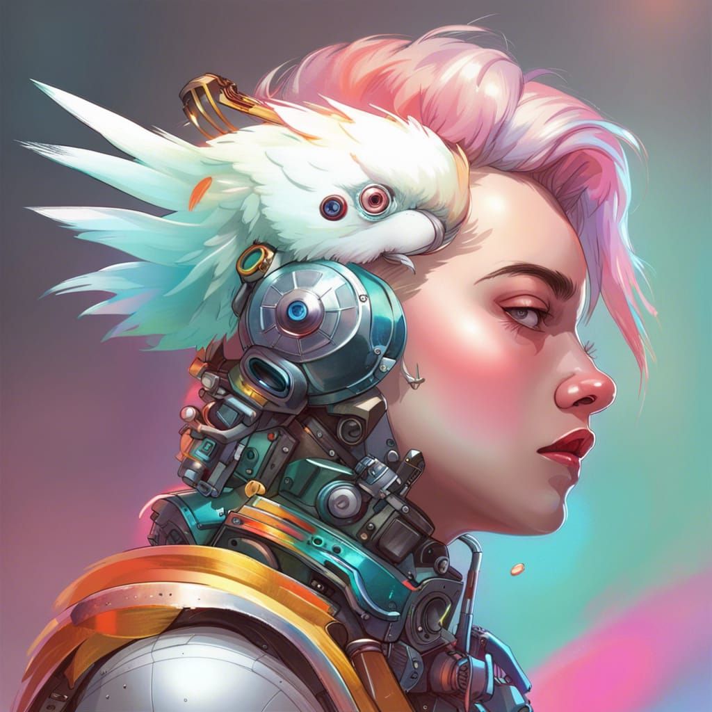 Cockatoo and Robot at Punk Show in Retrofuturism Style