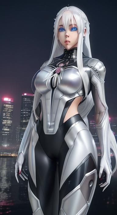 Futuristic Spider-Woman with Platinum Hair, Anime Key Visual