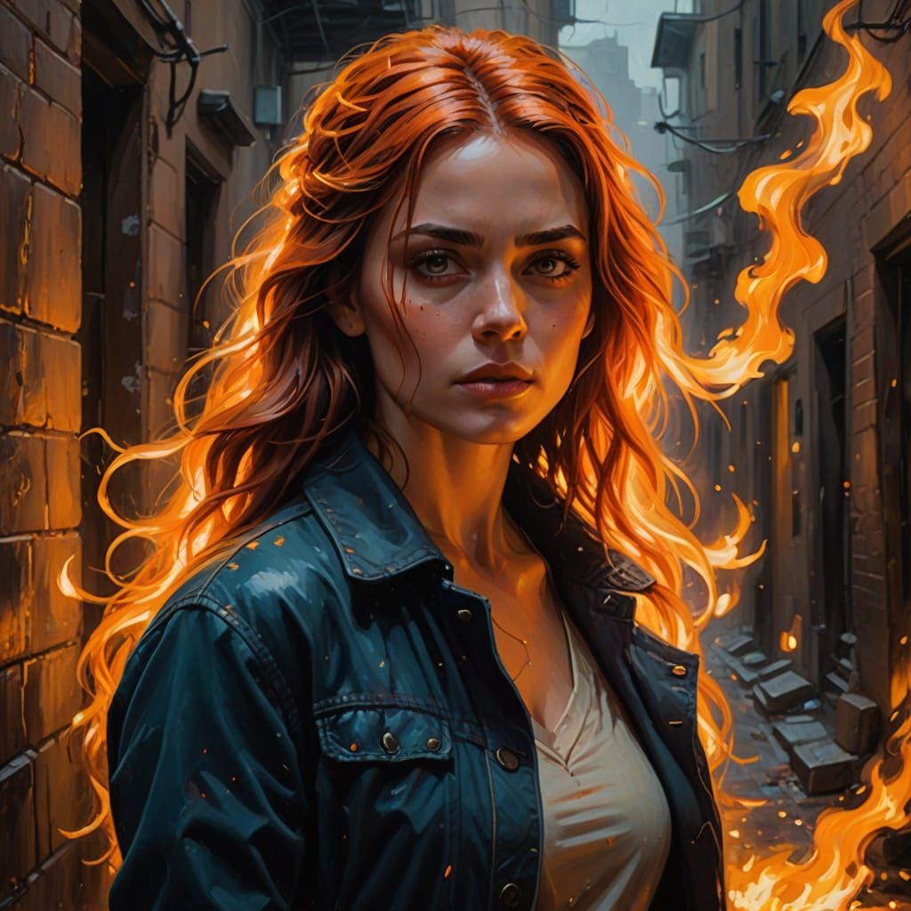 Alicia in a Fiery, Moody Oil Painting