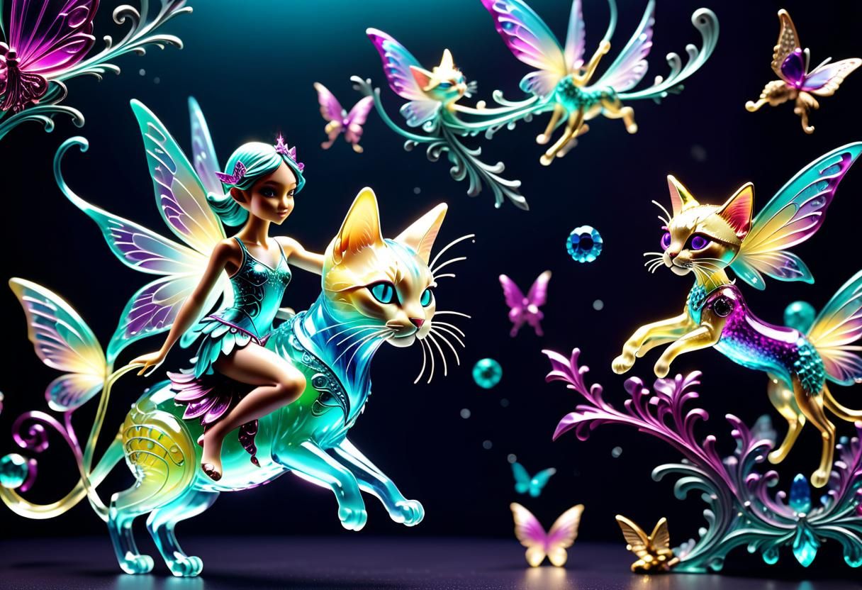 Crystal Fairy Rides Mystical Cat in 3D Airbrush Art