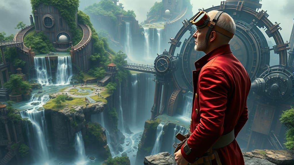 Steampunk Explorer on Floating Island with Clockwork Engine