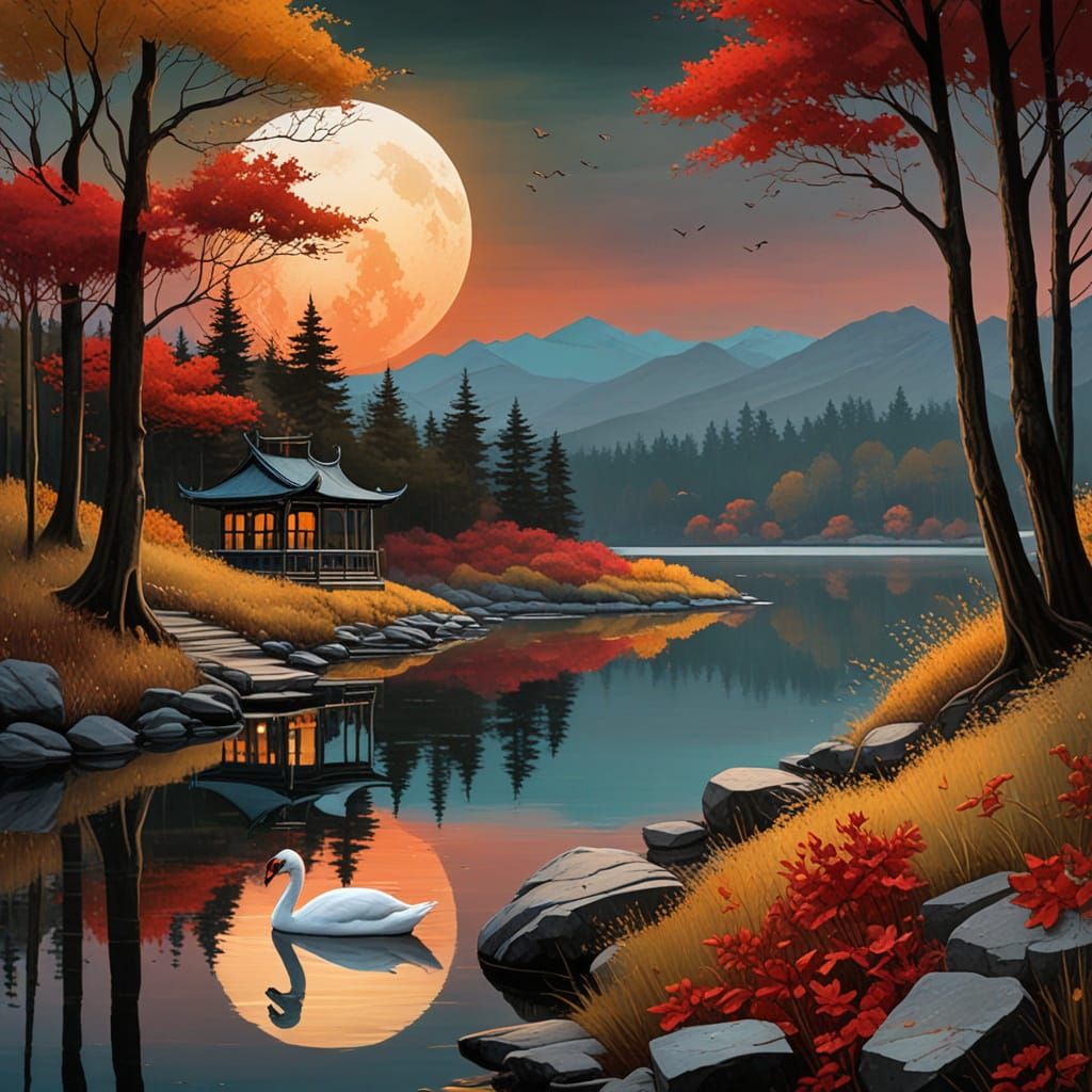 Swans in Autumnal Lunar Splendor