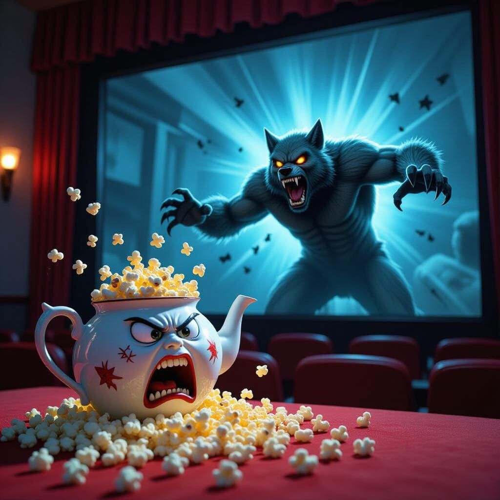 Surreal Teapot Scared by Werewolf in Theater