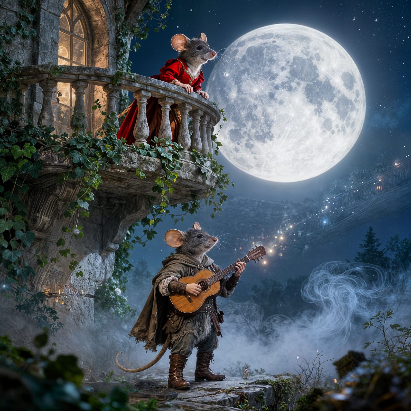 Mouse Bard Serenades Lover Under Full Moon