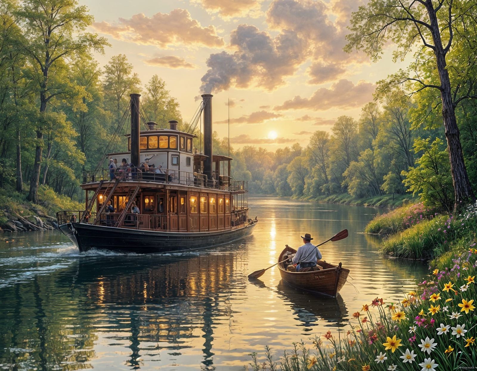 Spring River Scene with Steamboat as Oil Painting