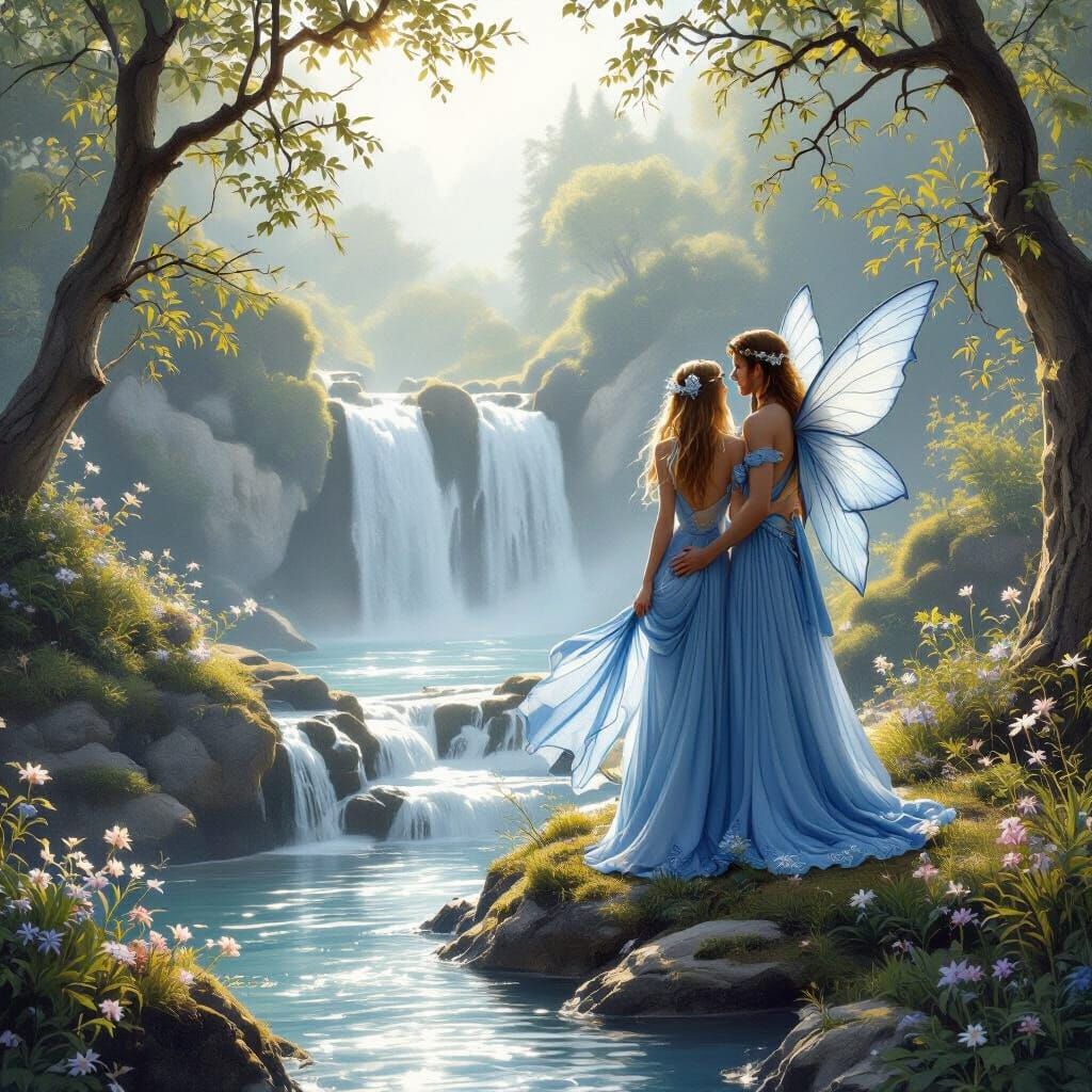 Fairy Tale Landscape with Waterfall and Blue Fairies
