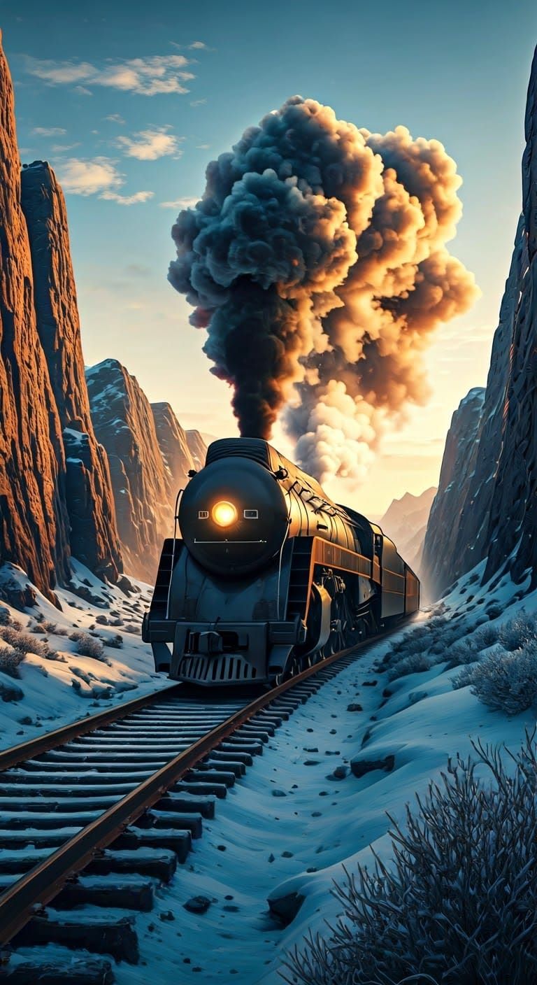 Steam Train in Snowy Canyon at Blue Hour