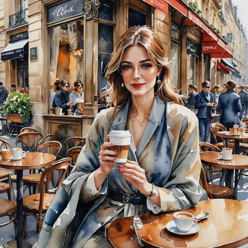 Elegant Woman at Paris Cafe: Watercolor Painting