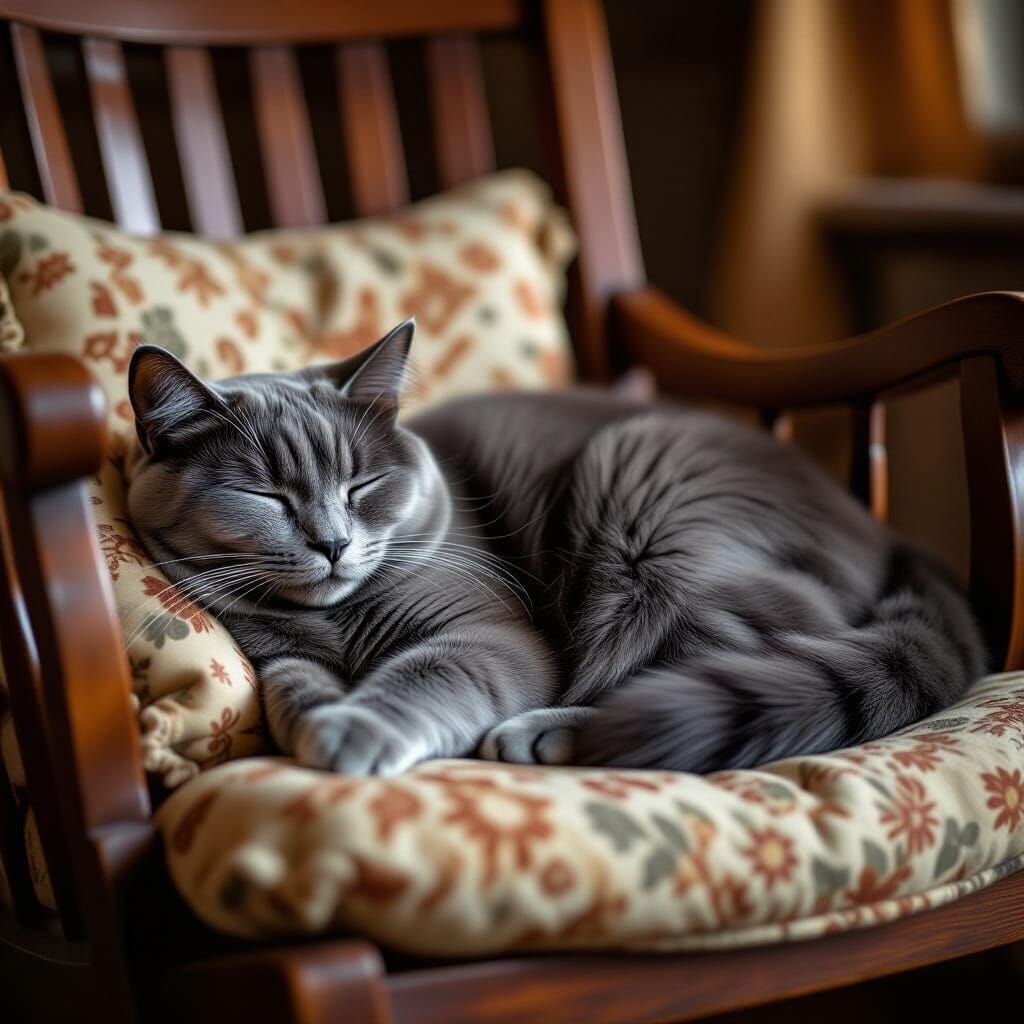 Photorealistic Russian Blue Cat Napping on Vintage Rocking C...