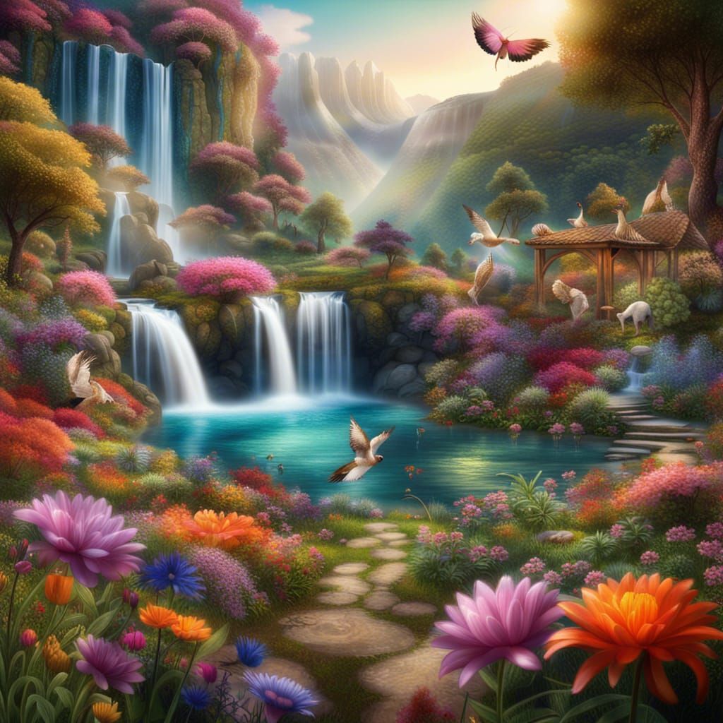 Eden Paradise: Glittering Waterfall in Colorful Garden
