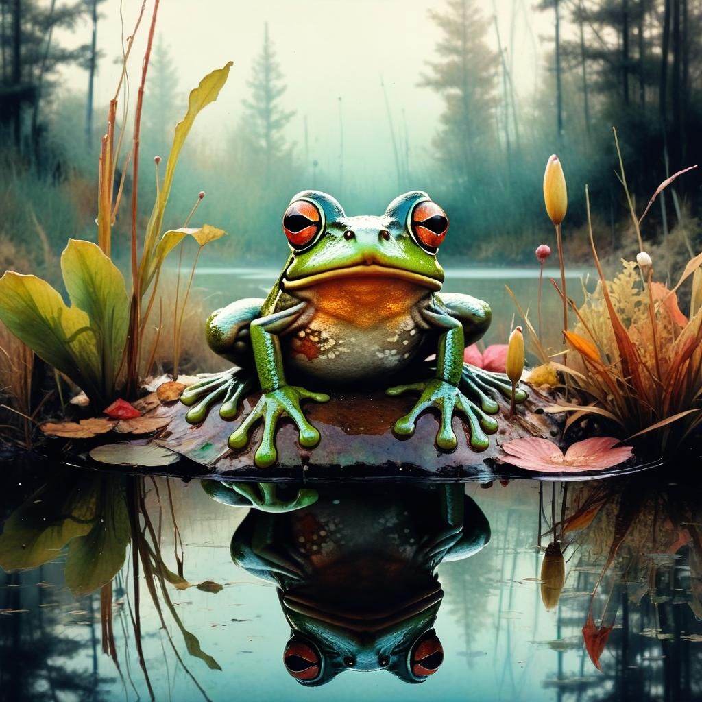 Frog in Pond, Surreal Watercolor Painting