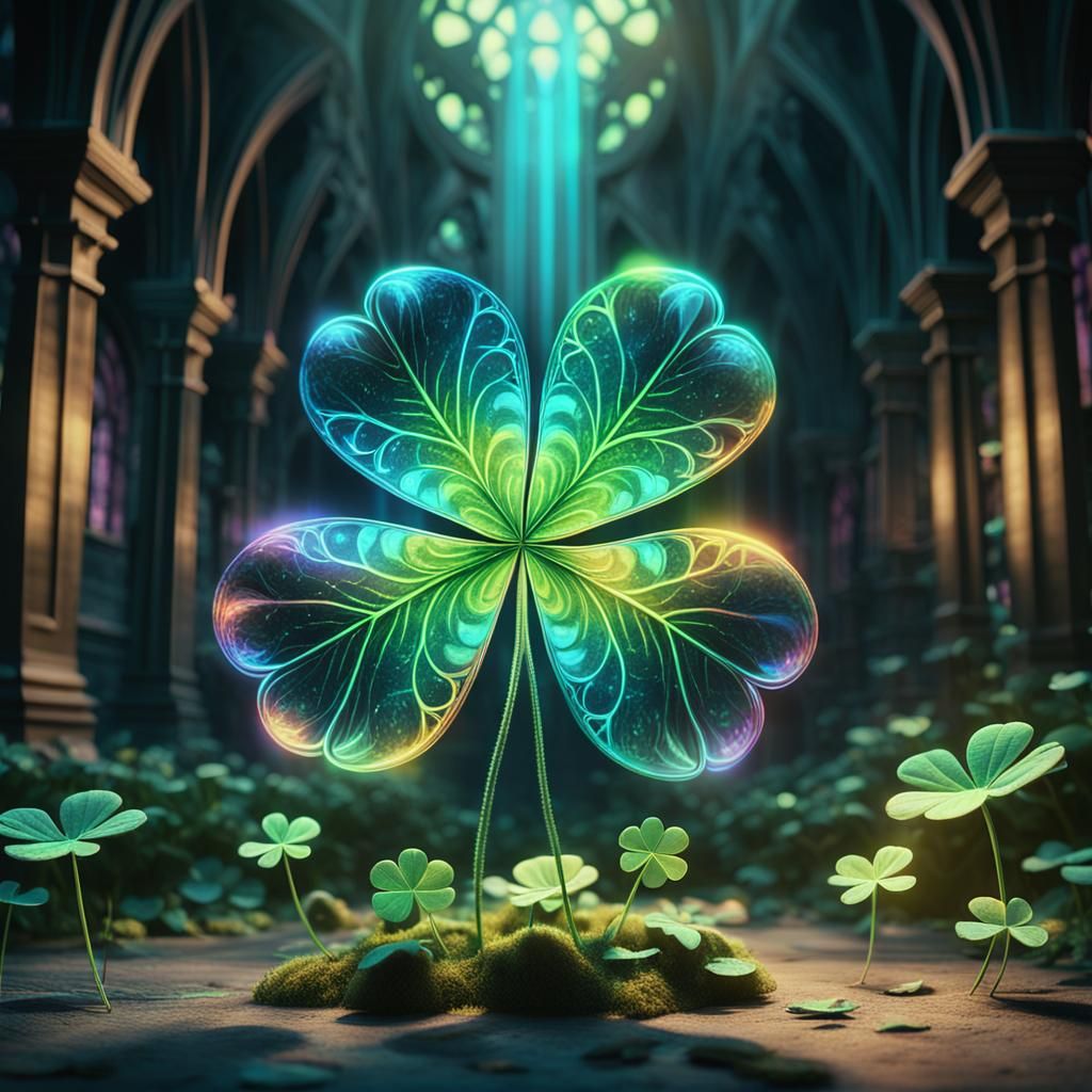 3D holographic fractal lucky four-leaf clover emits biolumin...