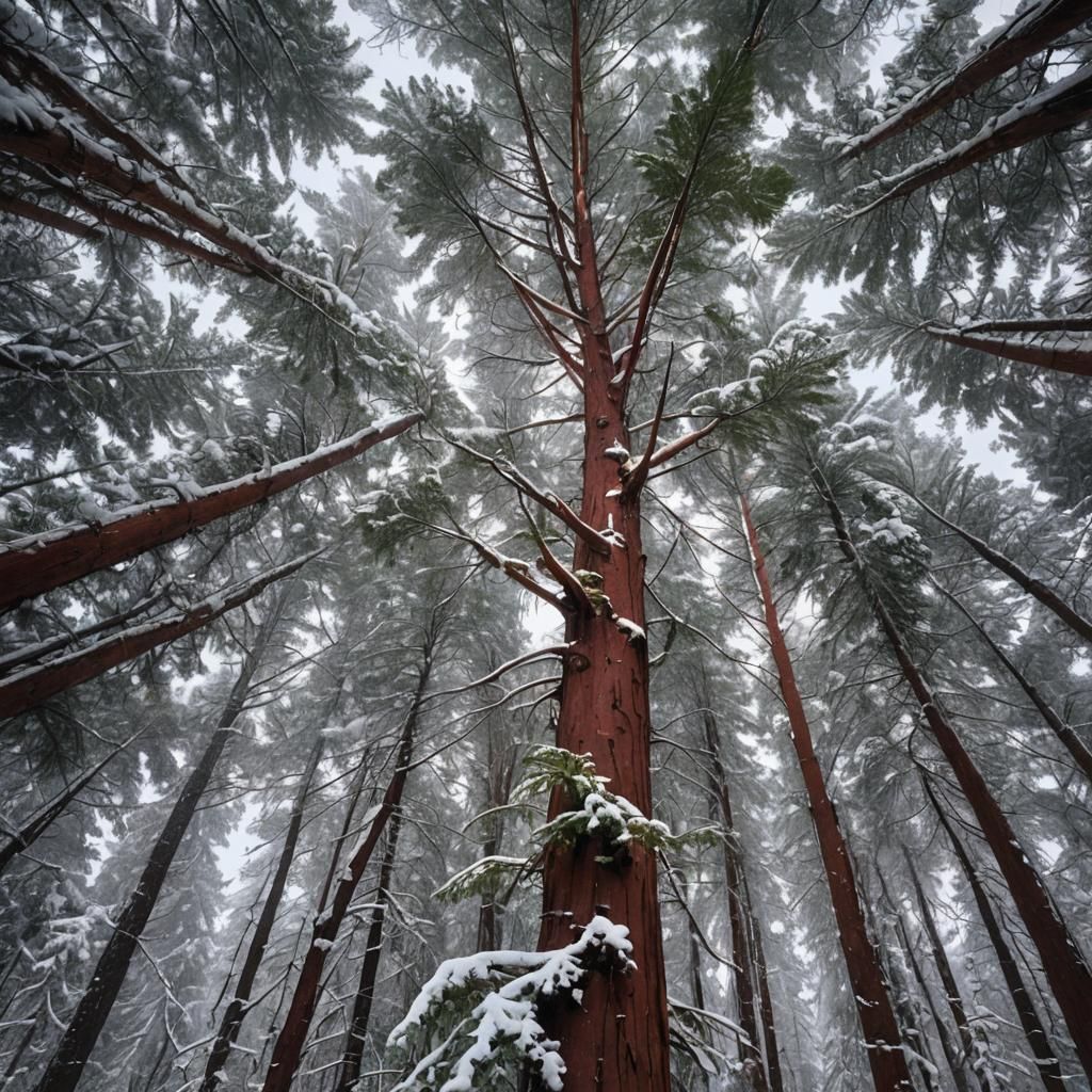 Unique Red-Barked Pine Tree with Snow and Sunbeams