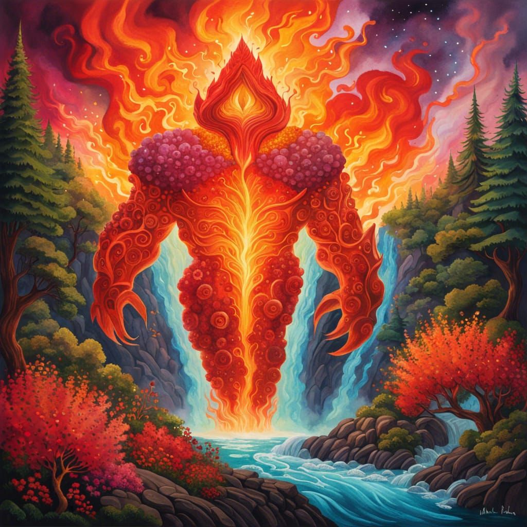 Molten Rock Golem in Mystical Volcanic Landscape