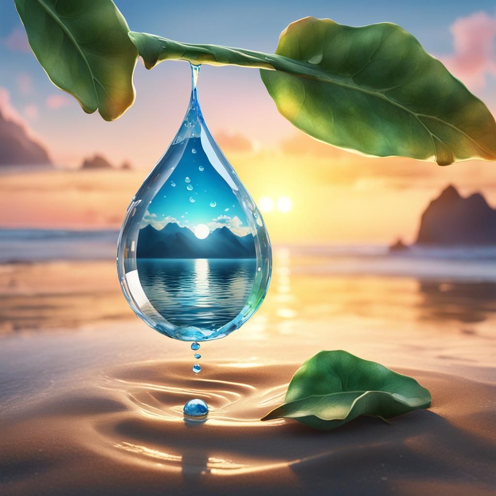 Beach Sunset Reflected in Water Drop: Watercolor Art