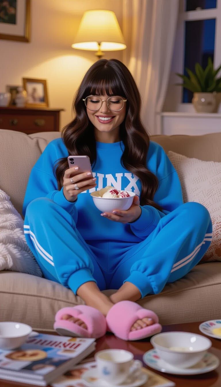 Cheerful Woman Enjoys Ice Cream While Scrolling Phone
