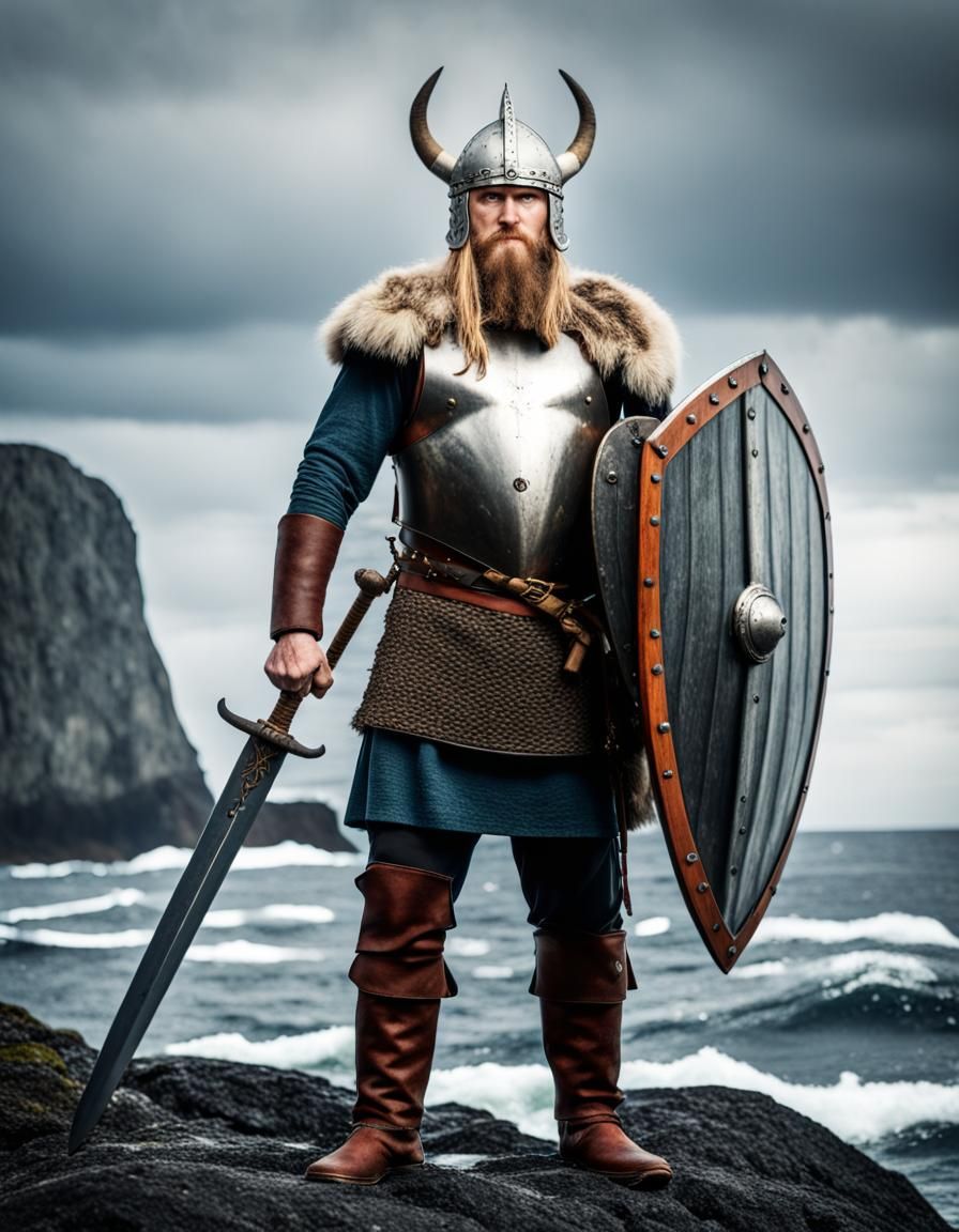 Viking Warrior with Sword and Shield on Longship