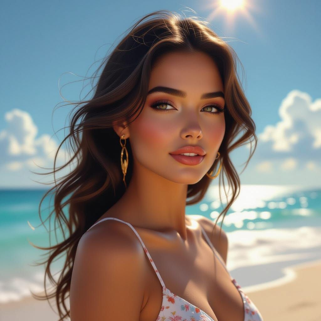 Ethereal Woman on Sundappled Beach in 3D Art
