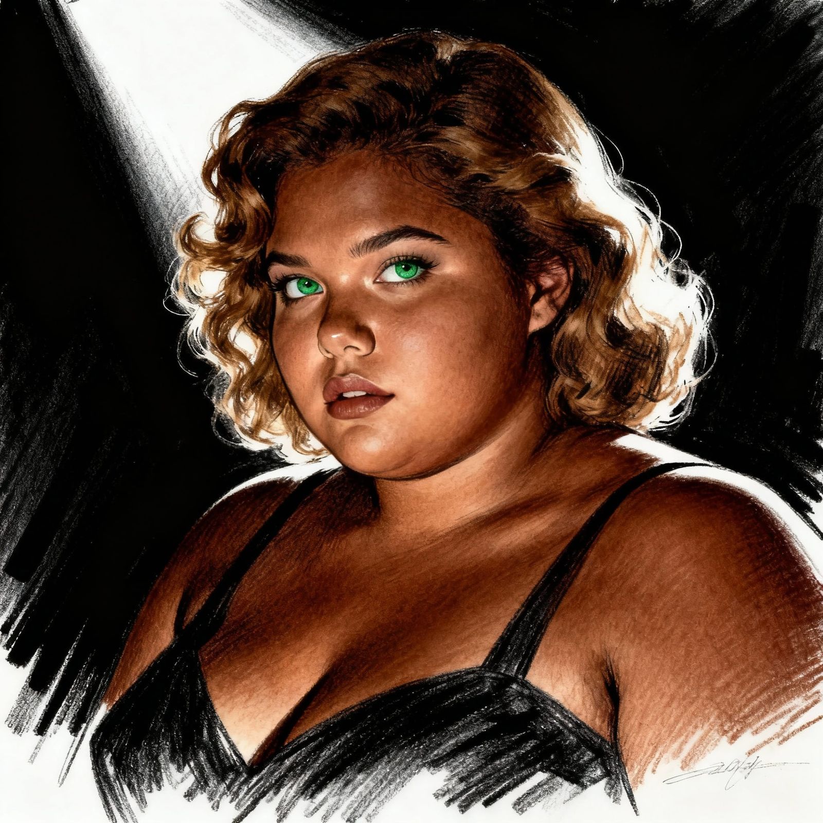 Chubby Girl in Dramatic Film Noir Pencil Sketch
