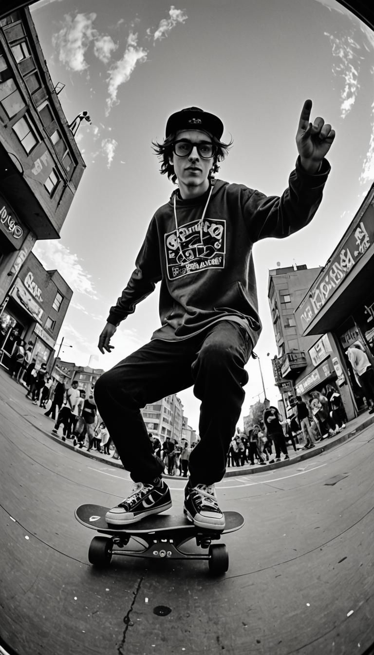 Skateboarder's Urban Stunts in 90s Style