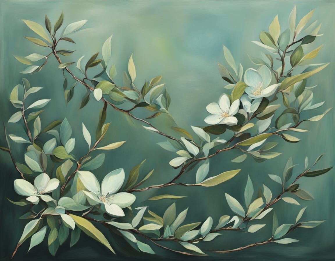 Surreal Cyberpunk Sky With Japanese Laurel Bunting and Jewel...