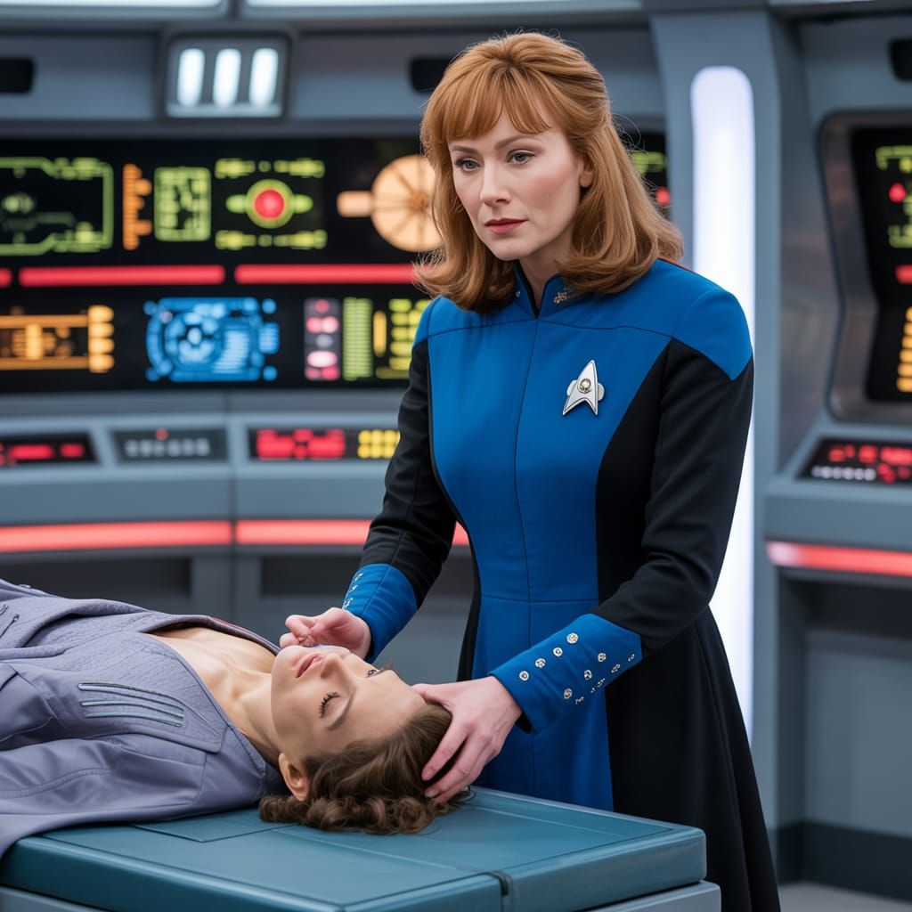 Dr. Beverly Crusher in Futuristic Star Trek Medical Bay