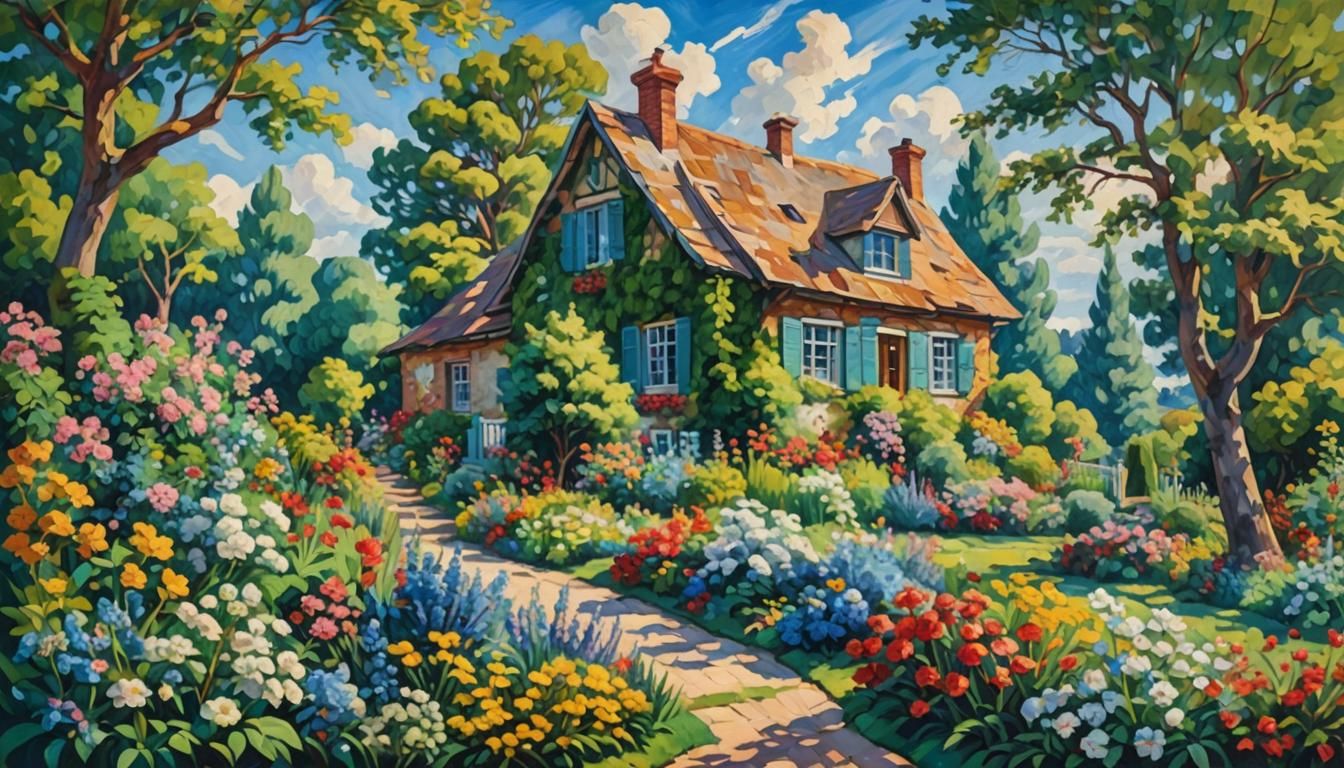 Impressionist Fabric Collage of Summer Cottage Scene