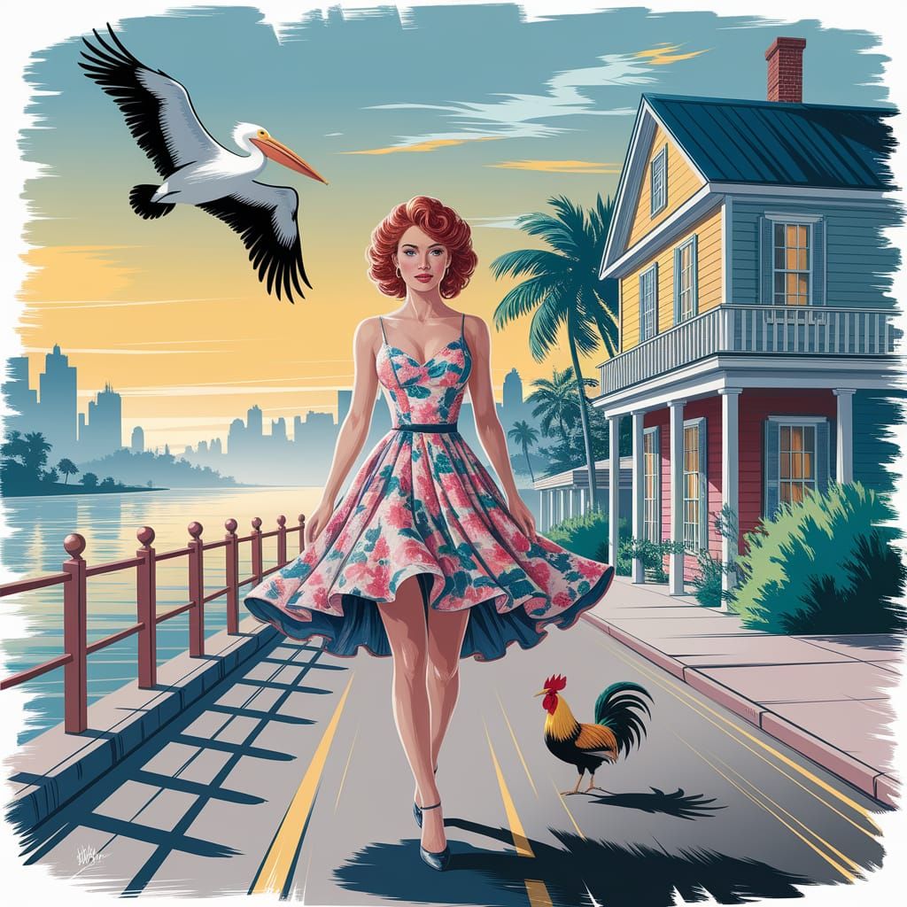 Key West Sunrise: Pelican in Chinese Art Style