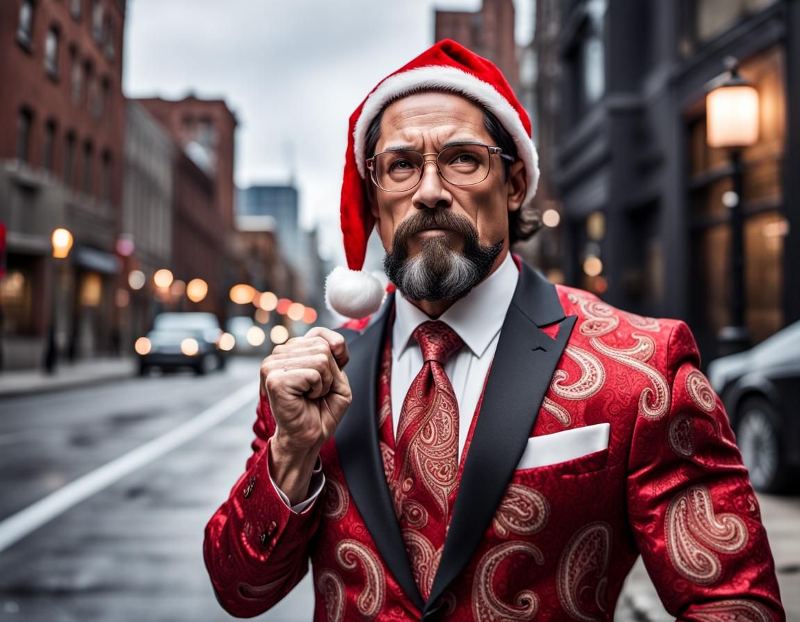 Man in Paisley Suit and Santa Hat in City