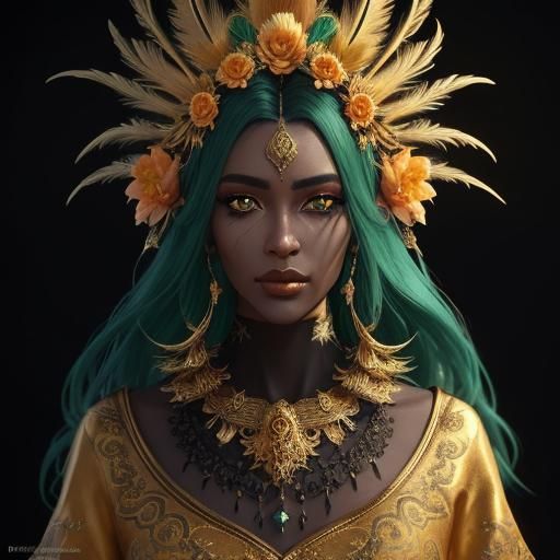 Golden Woman with Peacock Feathers, Fantasy Art