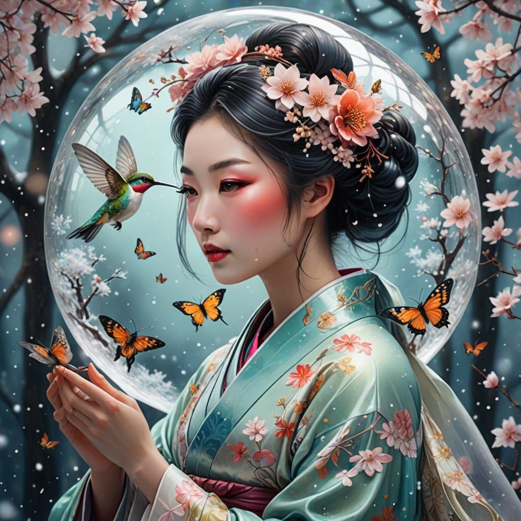 Dreamy Geisha in a Whimsical Snowglobe Wonderland
