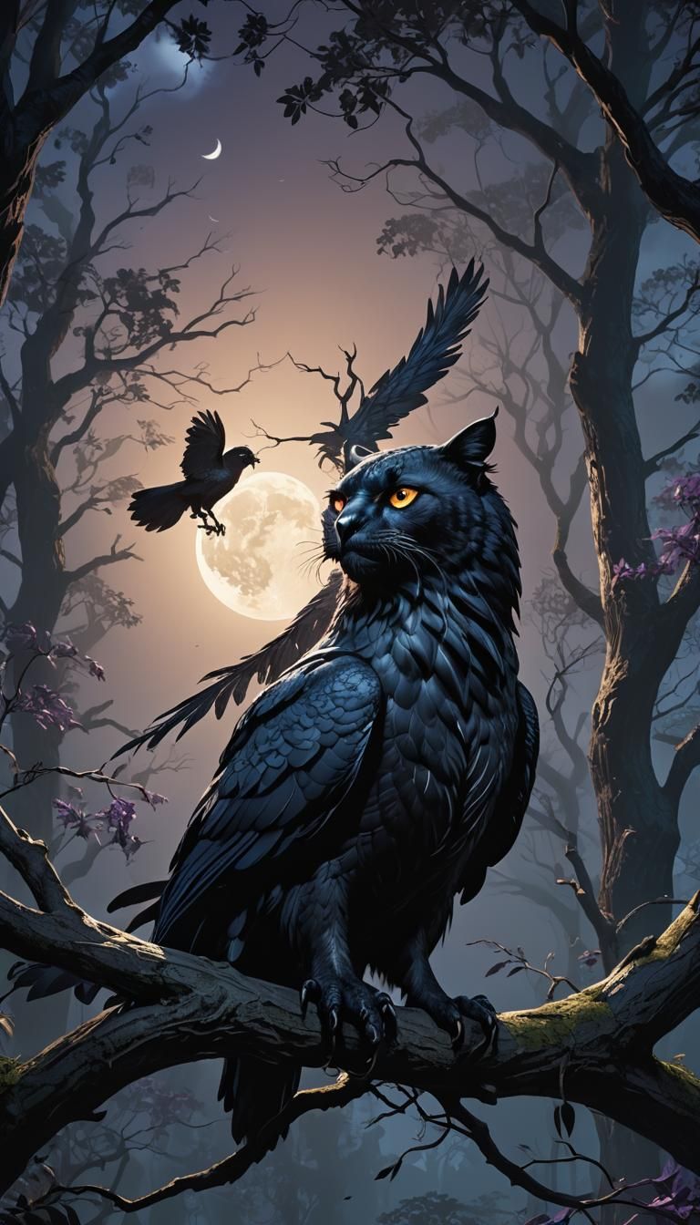 Dark Fantasy Panther Owl Hybrid Perches Under Moonlight