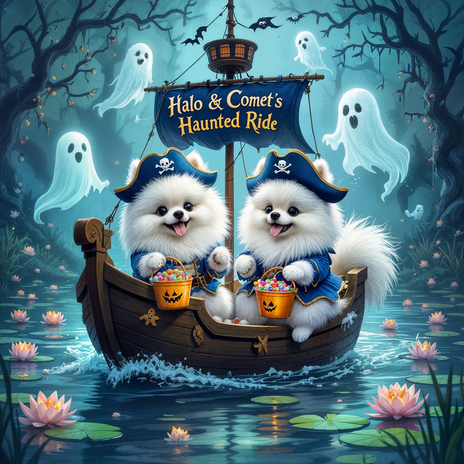 Fluffy Pomeranians on Haunted Pirate Ship Adventure