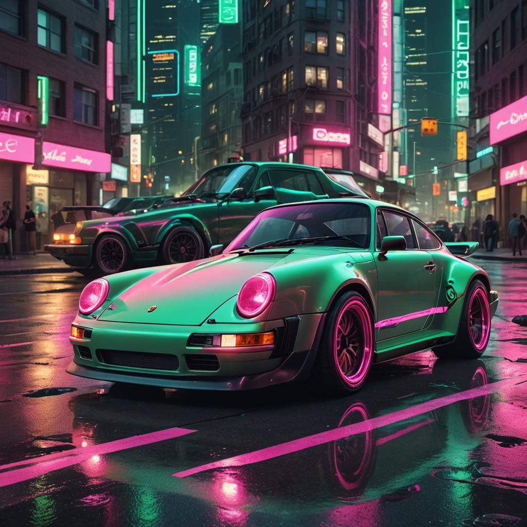 Futuristic Neon Porsche 911 in Cyberpunk Cityscape