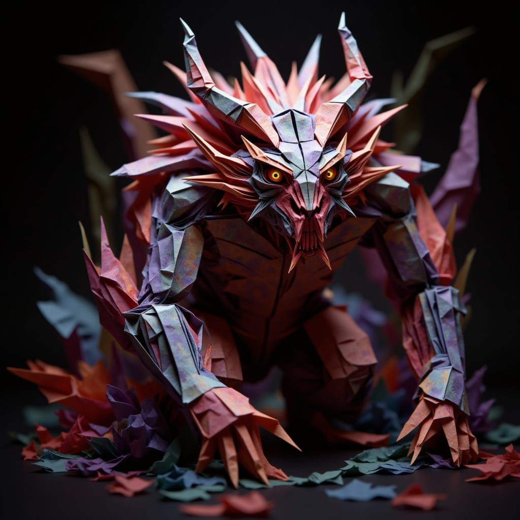 Origami Zuul Sculpture with Dramatic Lighting