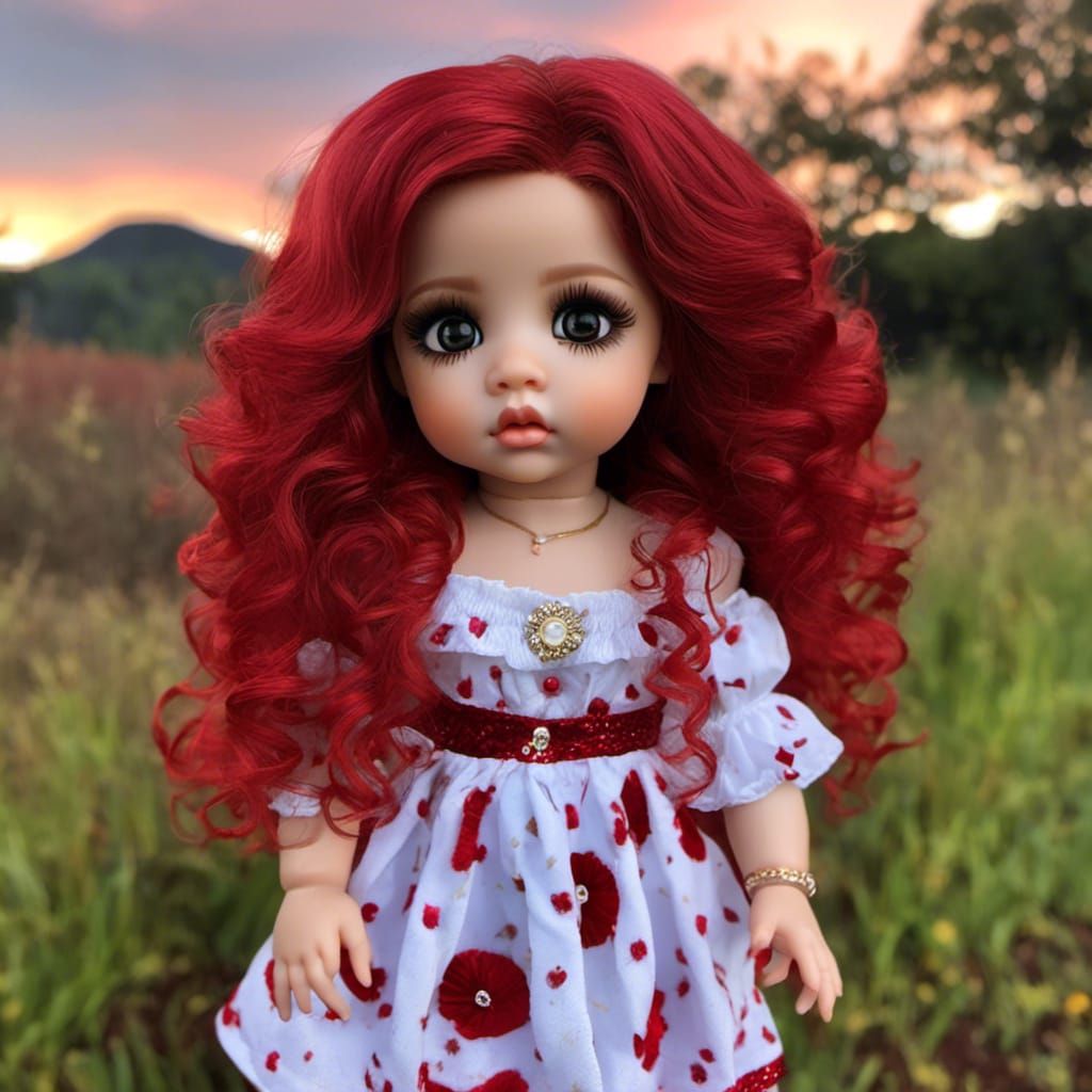 <lora:Enigmatic:1.0> baby doll eyes and short legs with long curly red hair