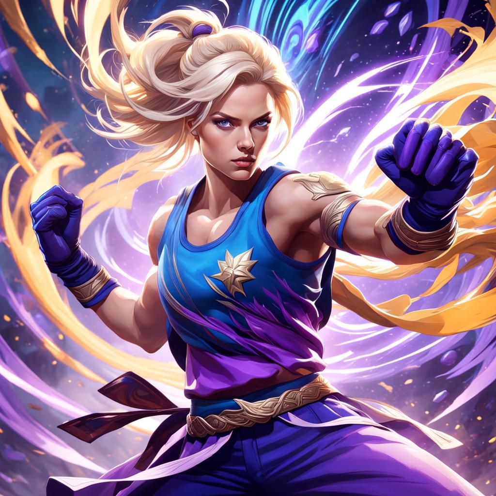 Dynamic Female Fighter with Swirling Energy, Digital Art