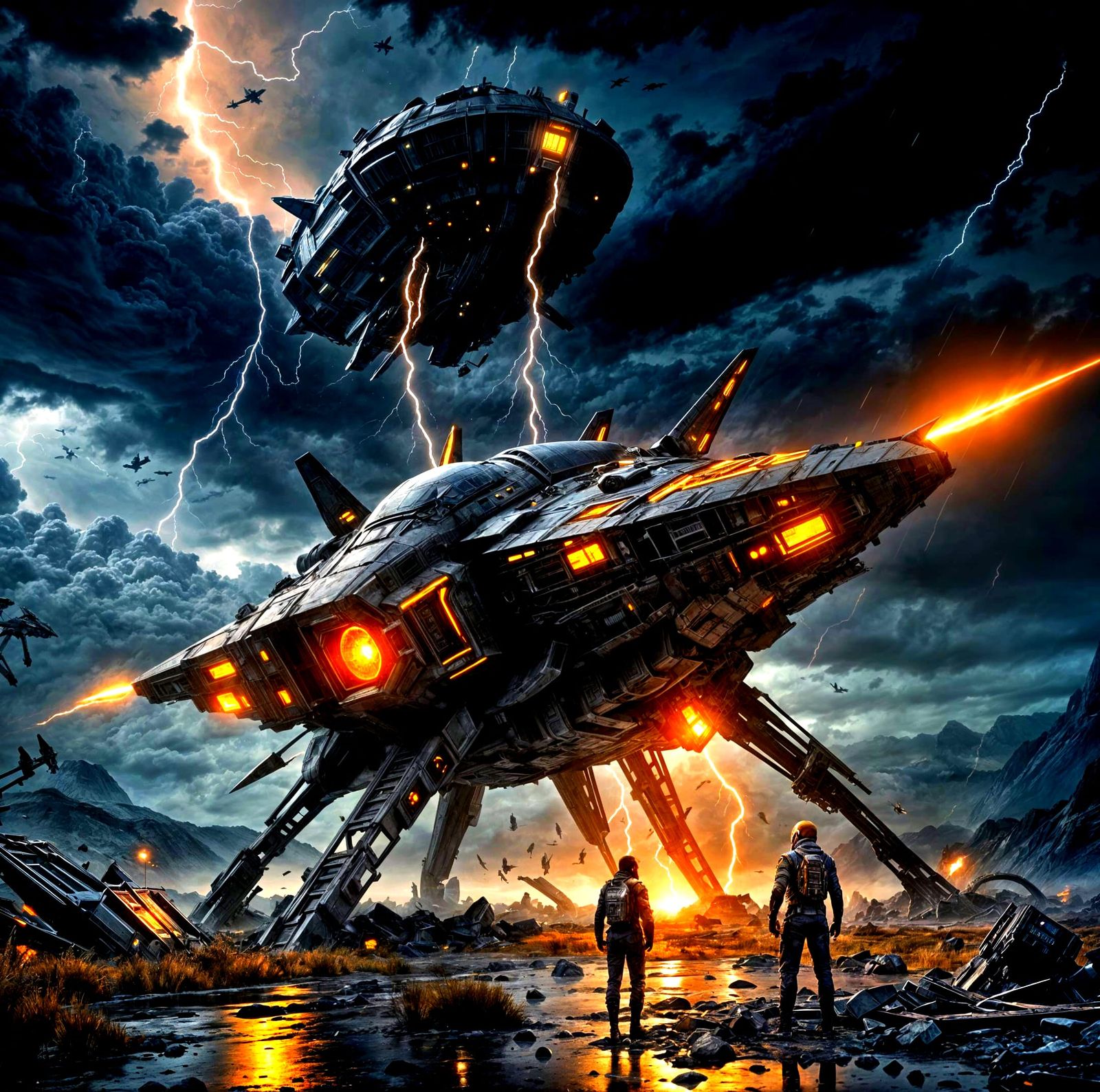 Crashed Spaceship with Alien in Dark Fantasy Style